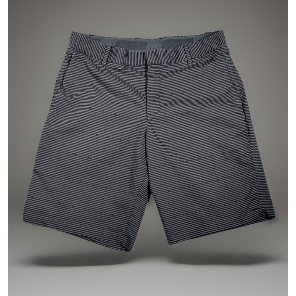 Nike Dri-Fit Golf Shorts Mens 32 Gray Striped Flat Front Elastic Waist Swoosh